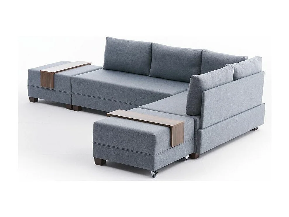 Canapé d'angle convertible et 2 poufs tissu Tikona 280cm-Bleu charrette-angle droit