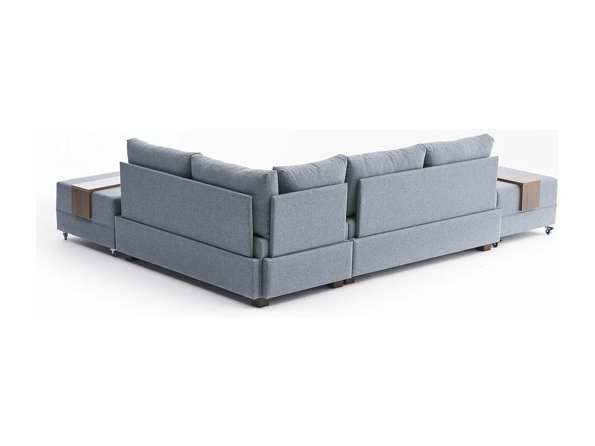 Canapé d'angle convertible et 2 poufs tissu Tikona 280cm-Bleu charrette-angle droit