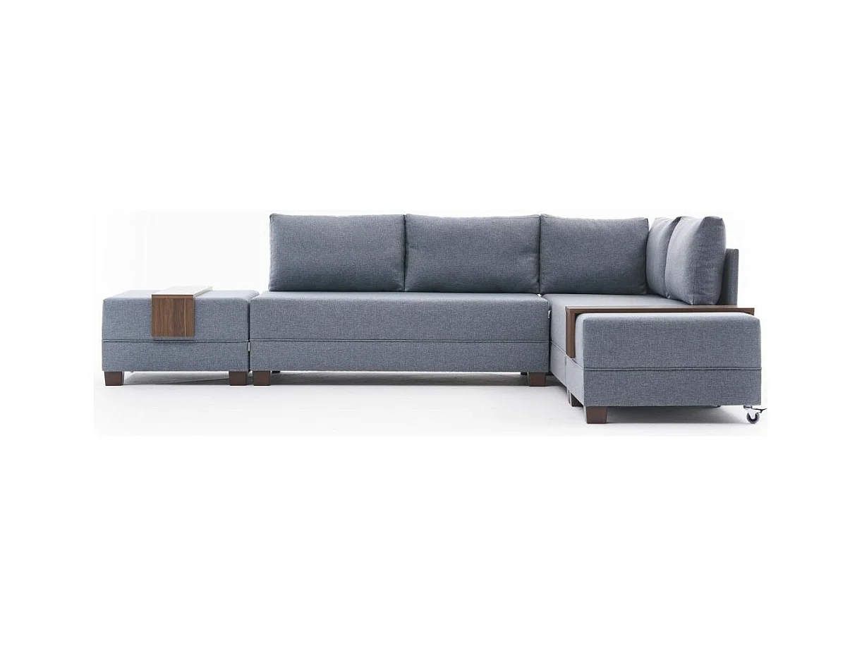 Canapé d'angle convertible et 2 poufs tissu Tikona 280cm-Bleu charrette-angle droit