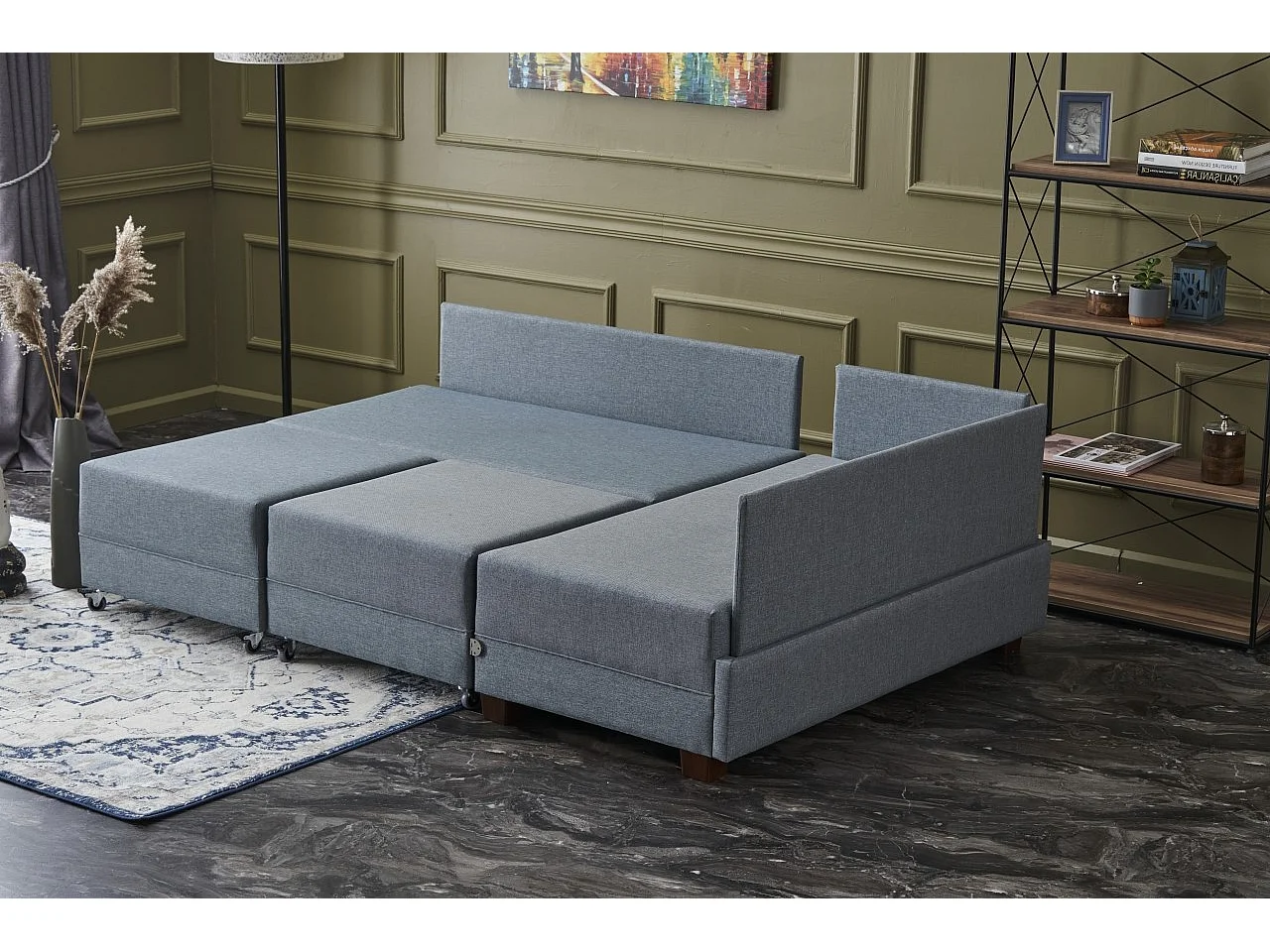Canapé d'angle convertible et 2 poufs tissu Tikona 280cm-Bleu charrette-angle droit