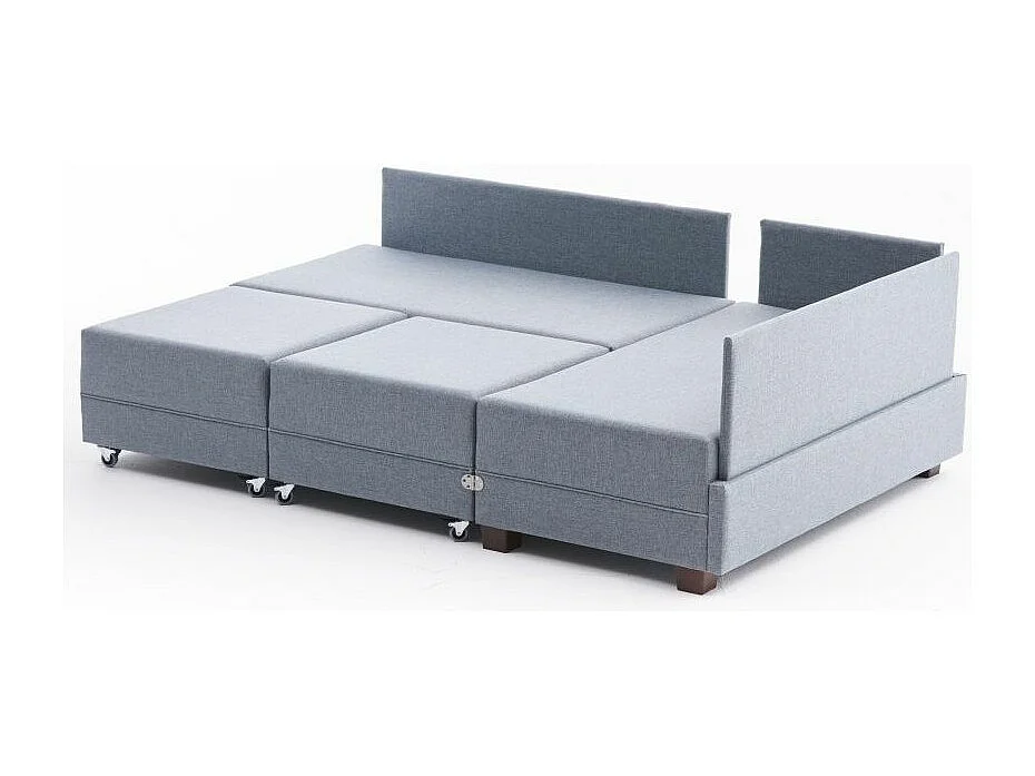 Canapé d'angle convertible et 2 poufs tissu Tikona 280cm-Bleu charrette-angle droit