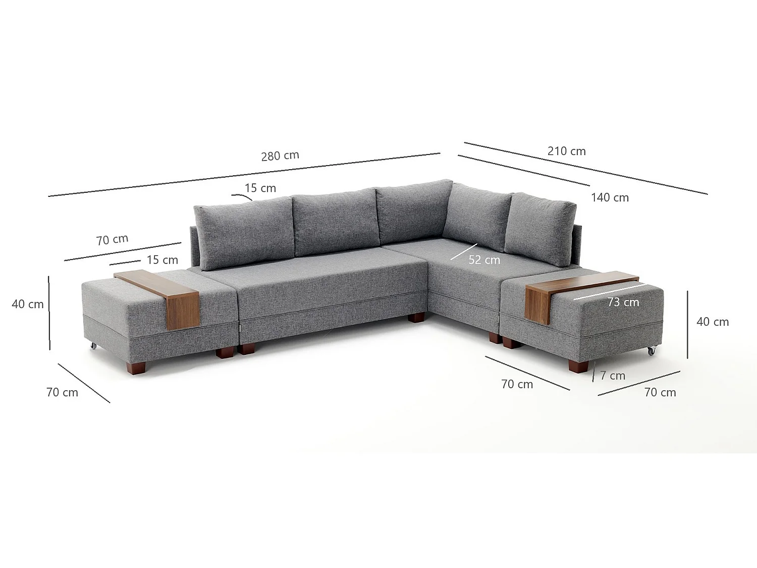 Canapé d'angle convertible et 2 poufs tissu Tikona 280cm-Bleu charrette-angle droit