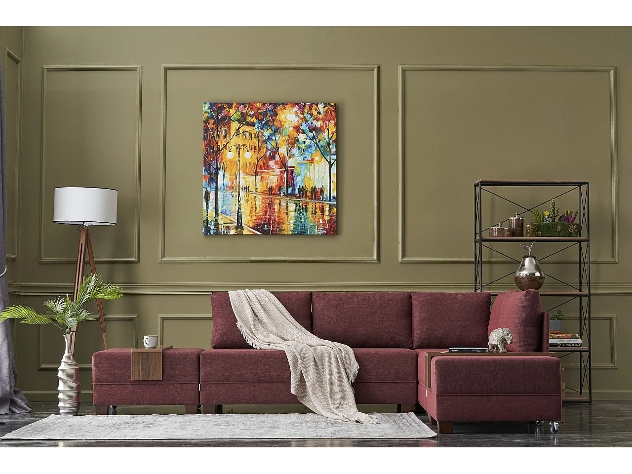 Canapé d'angle convertible et 2 poufs tissu Tikona 280cm-Rouge tomette-angle droit