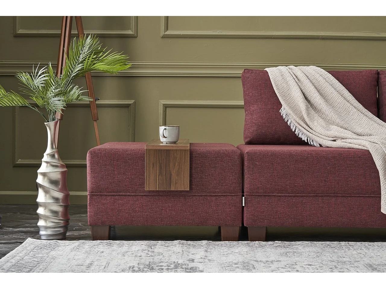 Canapé d'angle convertible et 2 poufs tissu Tikona 280cm-Rouge tomette-angle droit