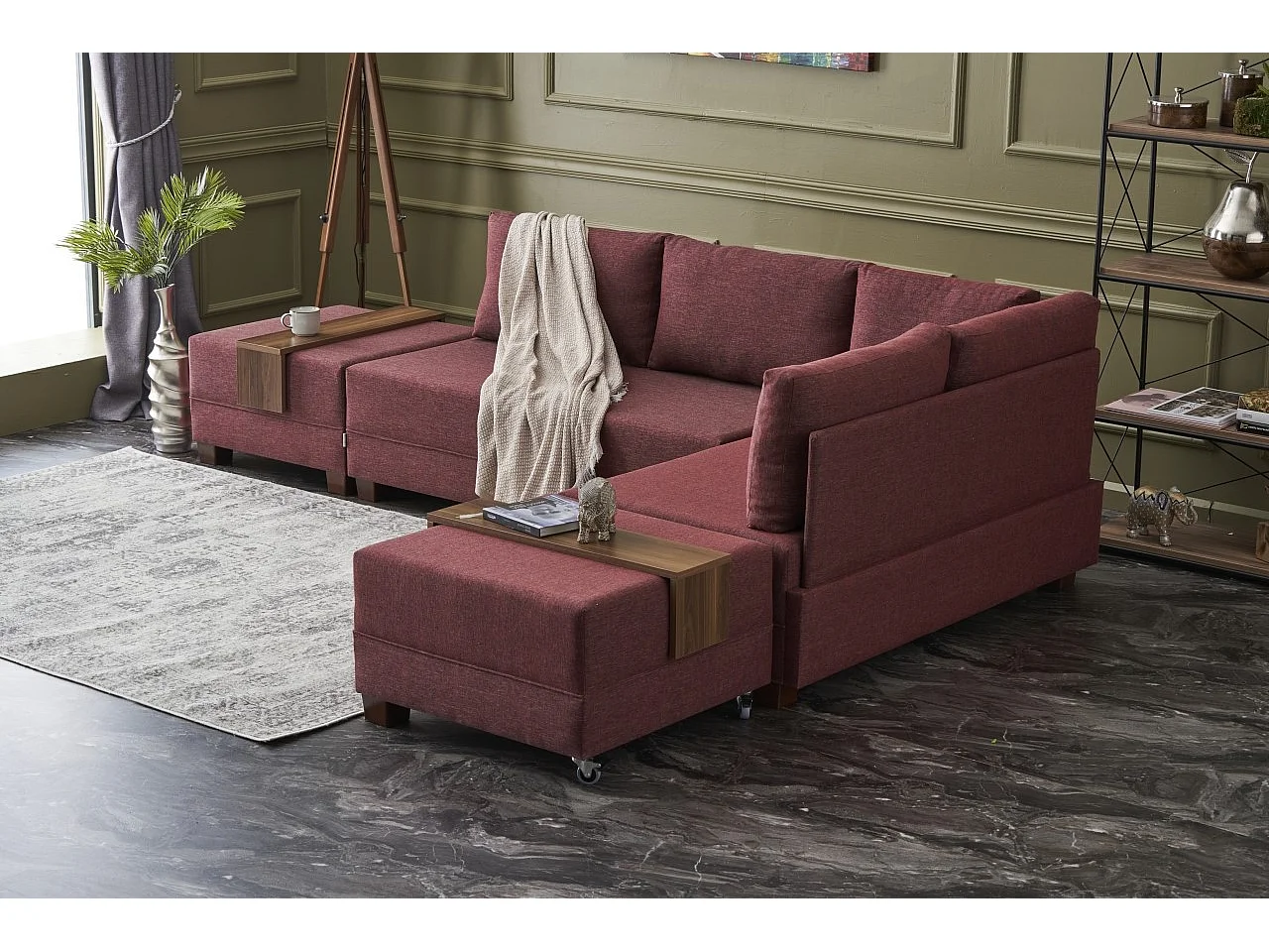 Canapé d'angle convertible et 2 poufs tissu Tikona 280cm-Rouge tomette-angle droit