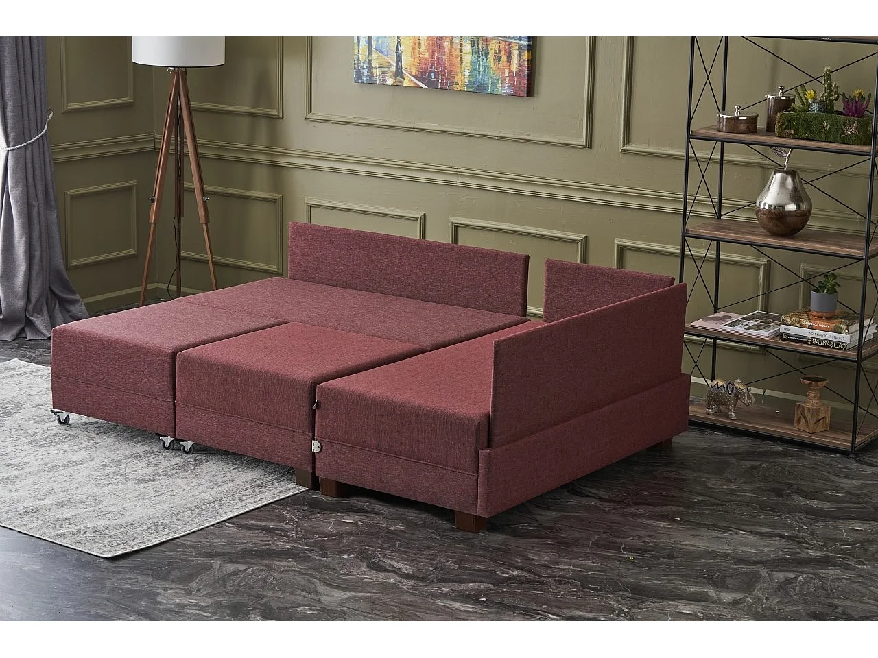 Canapé d'angle convertible et 2 poufs tissu Tikona 280cm-Rouge tomette-angle droit