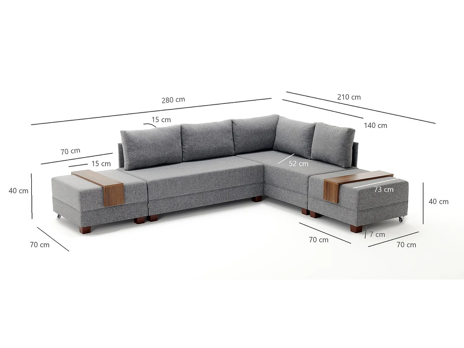 Canapé d'angle convertible et 2 poufs tissu Tikona 280cm-Rouge tomette-angle droit