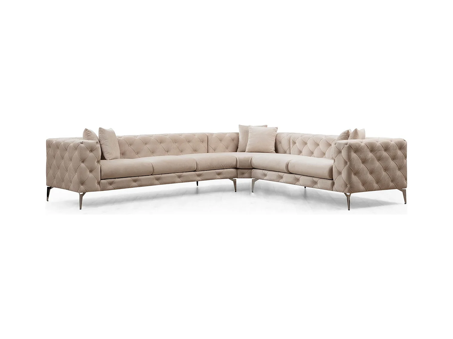 Canapé d'angle gauche capitonné velours beige clair et pieds chromés Herakles 270cm