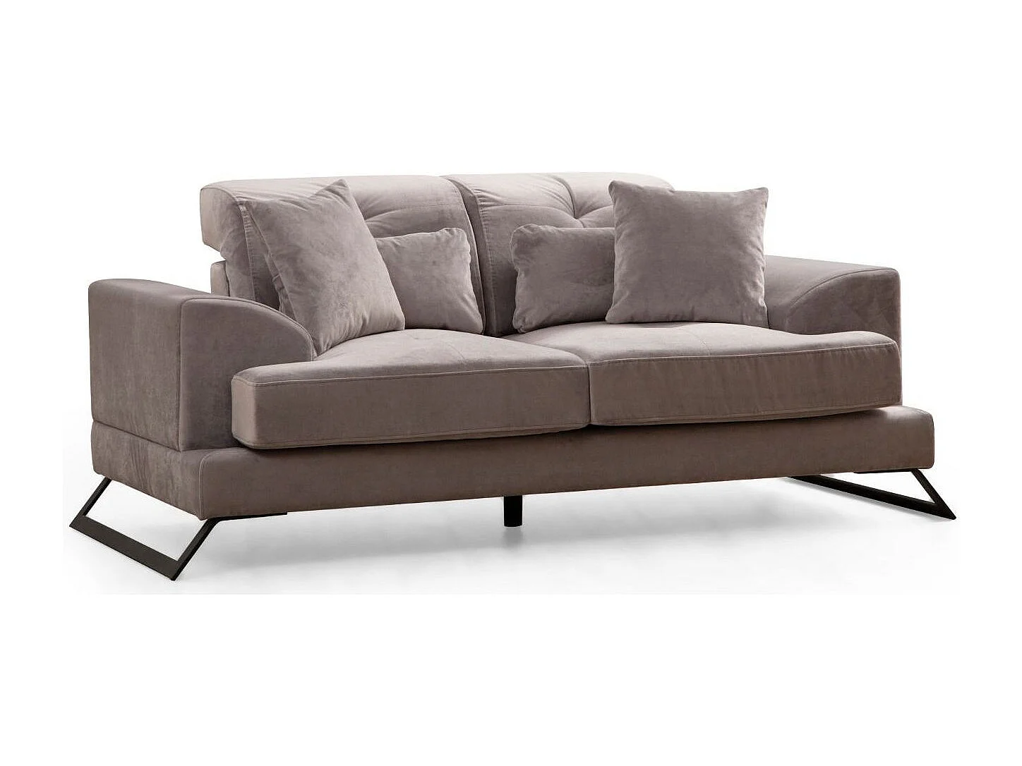 Canapé 2 places velours gris avec têtières relevables et pieds metal noir Briko 185cm