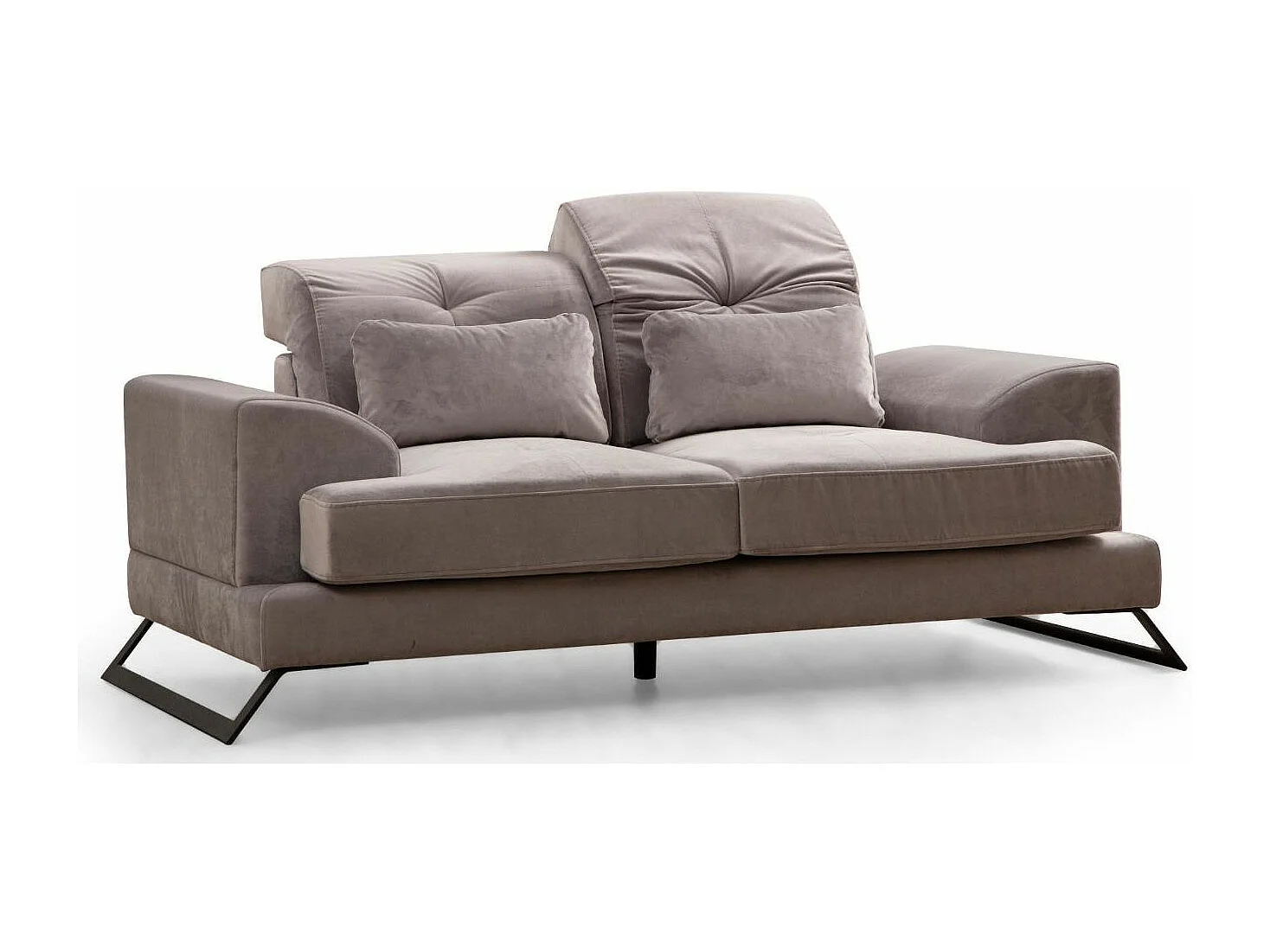 Canapé 2 places velours gris avec têtières relevables et pieds metal noir Briko 185cm