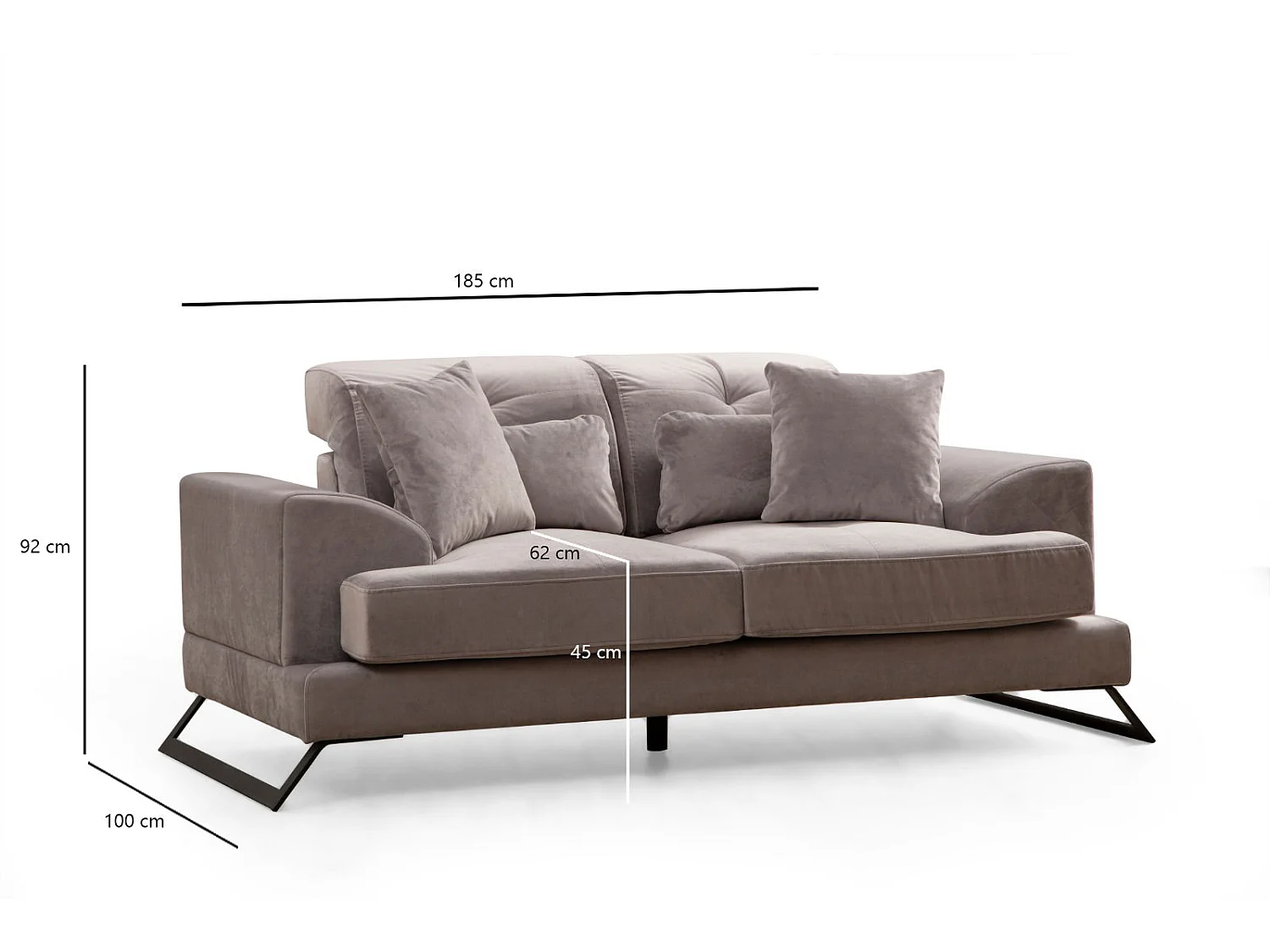 Canapé 2 places velours gris avec têtières relevables et pieds metal noir Briko 185cm