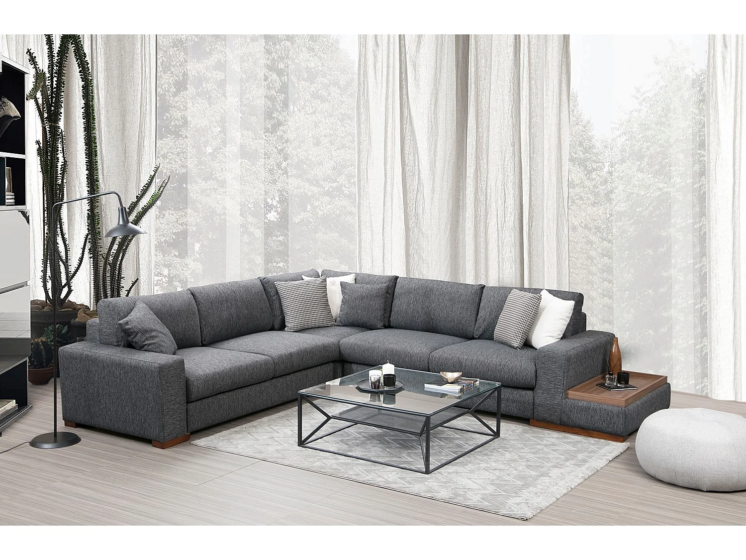 Canapé d'angle tissu anthracite avec étagère en bois sur la droite Kaloé 323cm