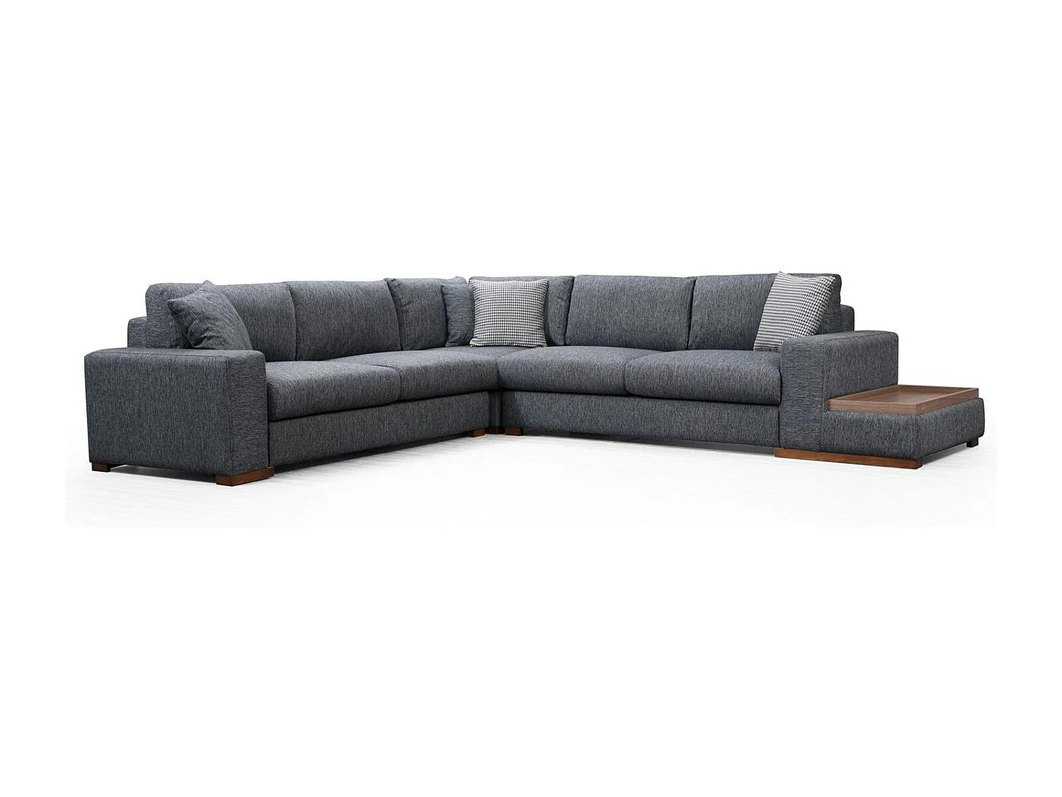 Canapé d'angle tissu anthracite avec étagère en bois sur la droite Kaloé 323cm