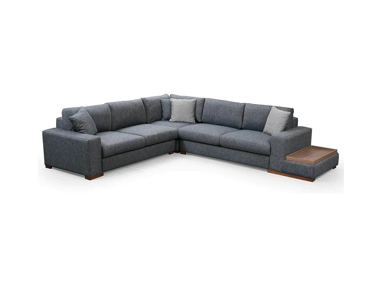 Canapé d'angle tissu anthracite avec étagère en bois sur la droite Kaloé 323cm