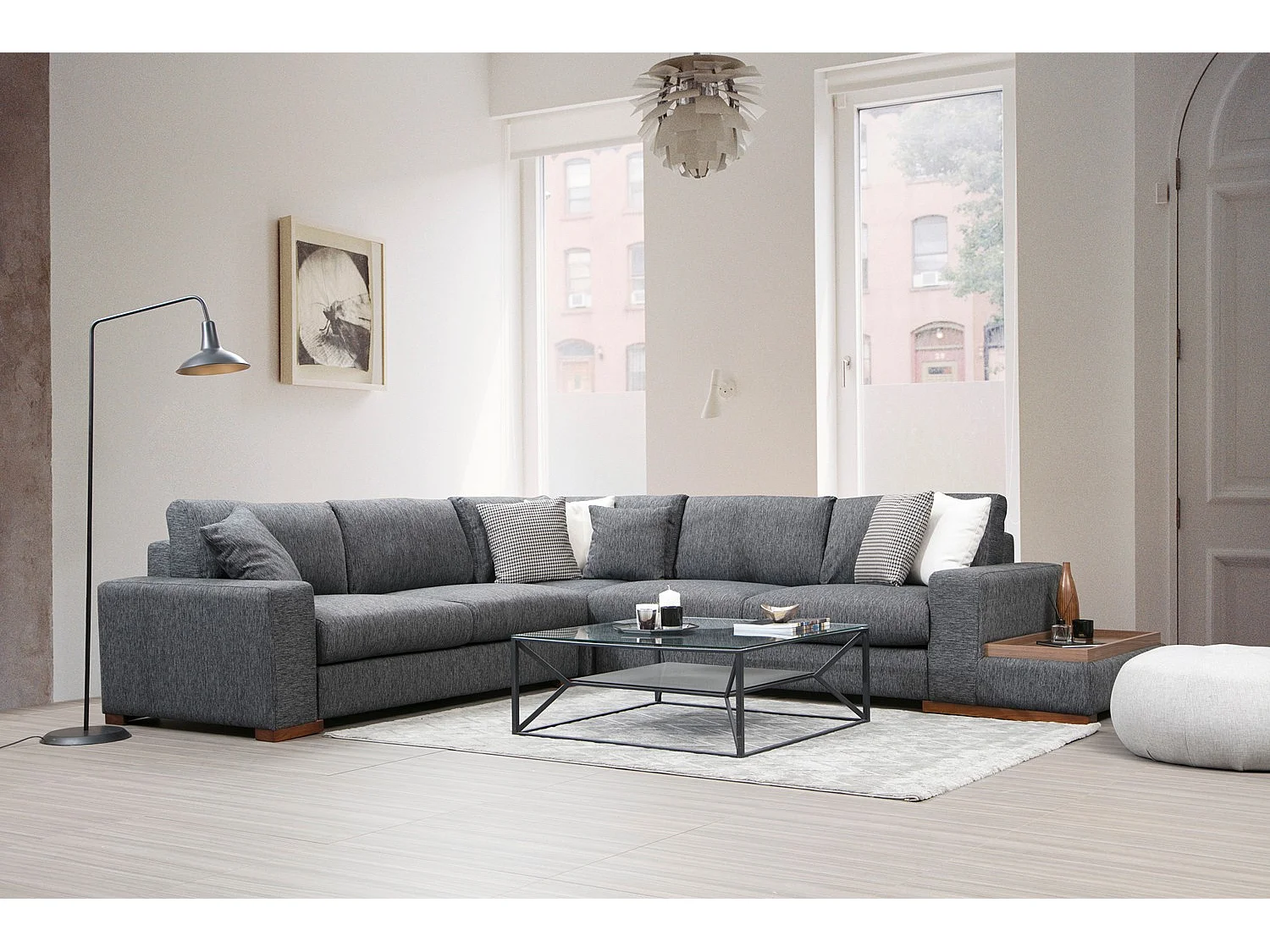 Canapé d'angle tissu anthracite avec étagère en bois sur la droite Kaloé 323cm