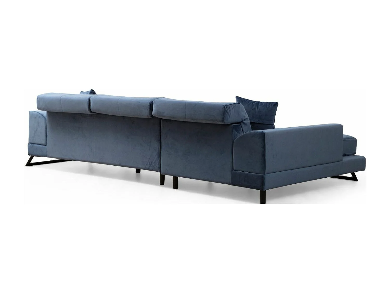 Canapé d'angle gauche velours bleu avec têtières relevables et pieds metal noir Briko 308cm