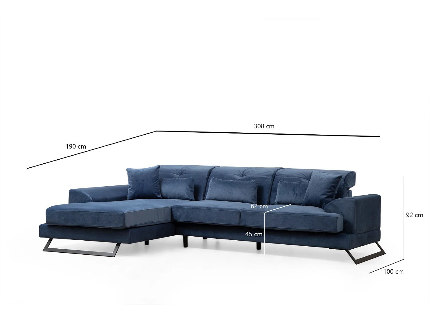 Canapé d'angle gauche velours bleu avec têtières relevables et pieds metal noir Briko 308cm