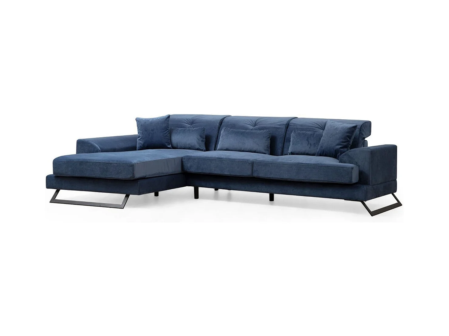 Blauw fluwelen hoekbank links met opklapbare hoofdsteunen en zwart metalen poten Briko 308 cm