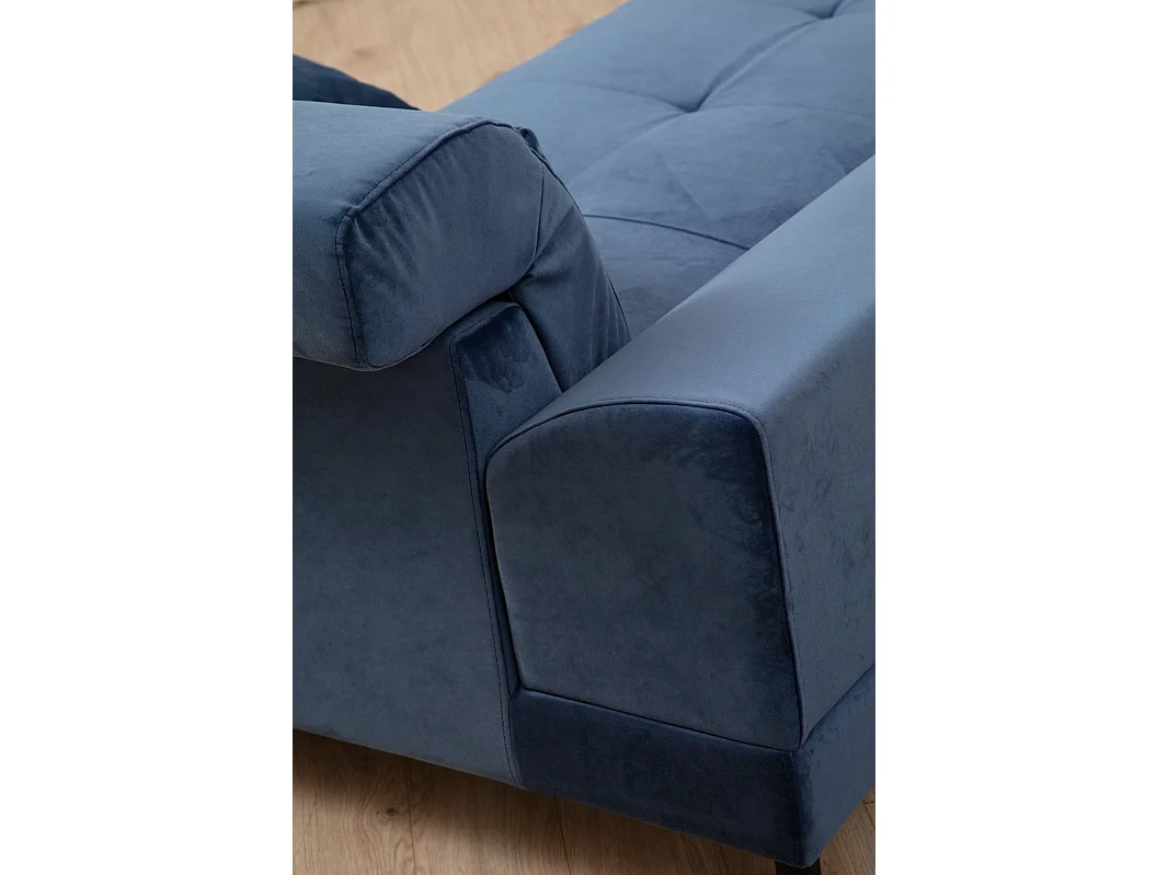 Canapé d'angle gauche velours bleu avec têtières relevables et pieds metal noir Briko 308cm