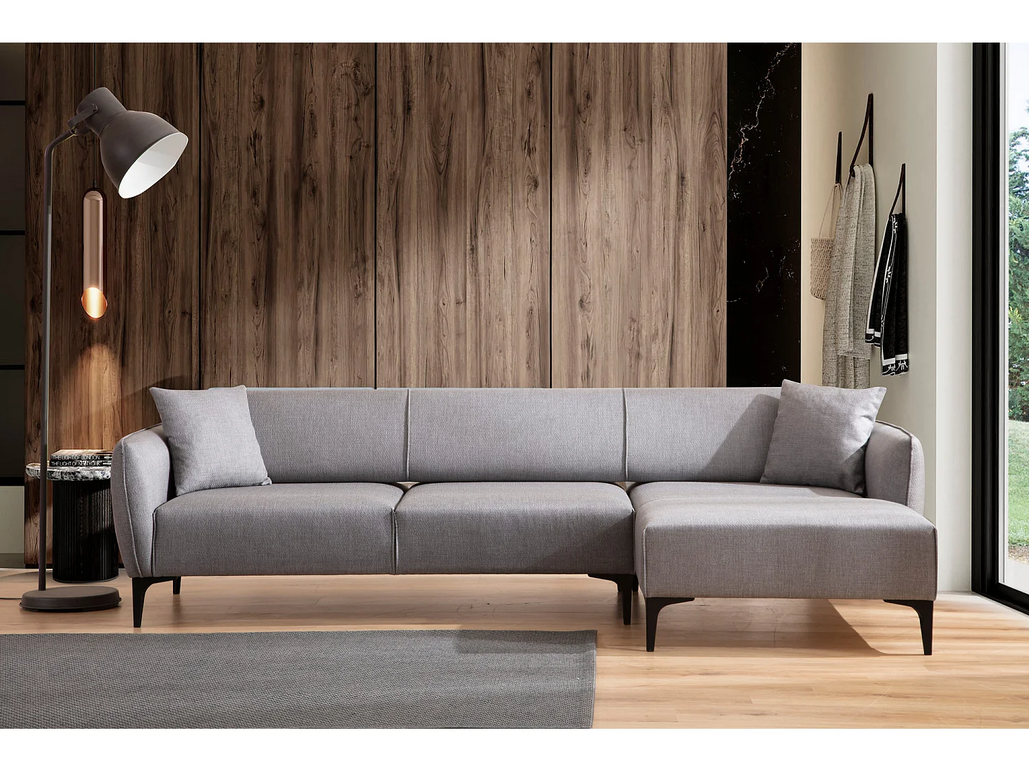 Canapé d'angle droit tissu gris clair Bellano 270cm