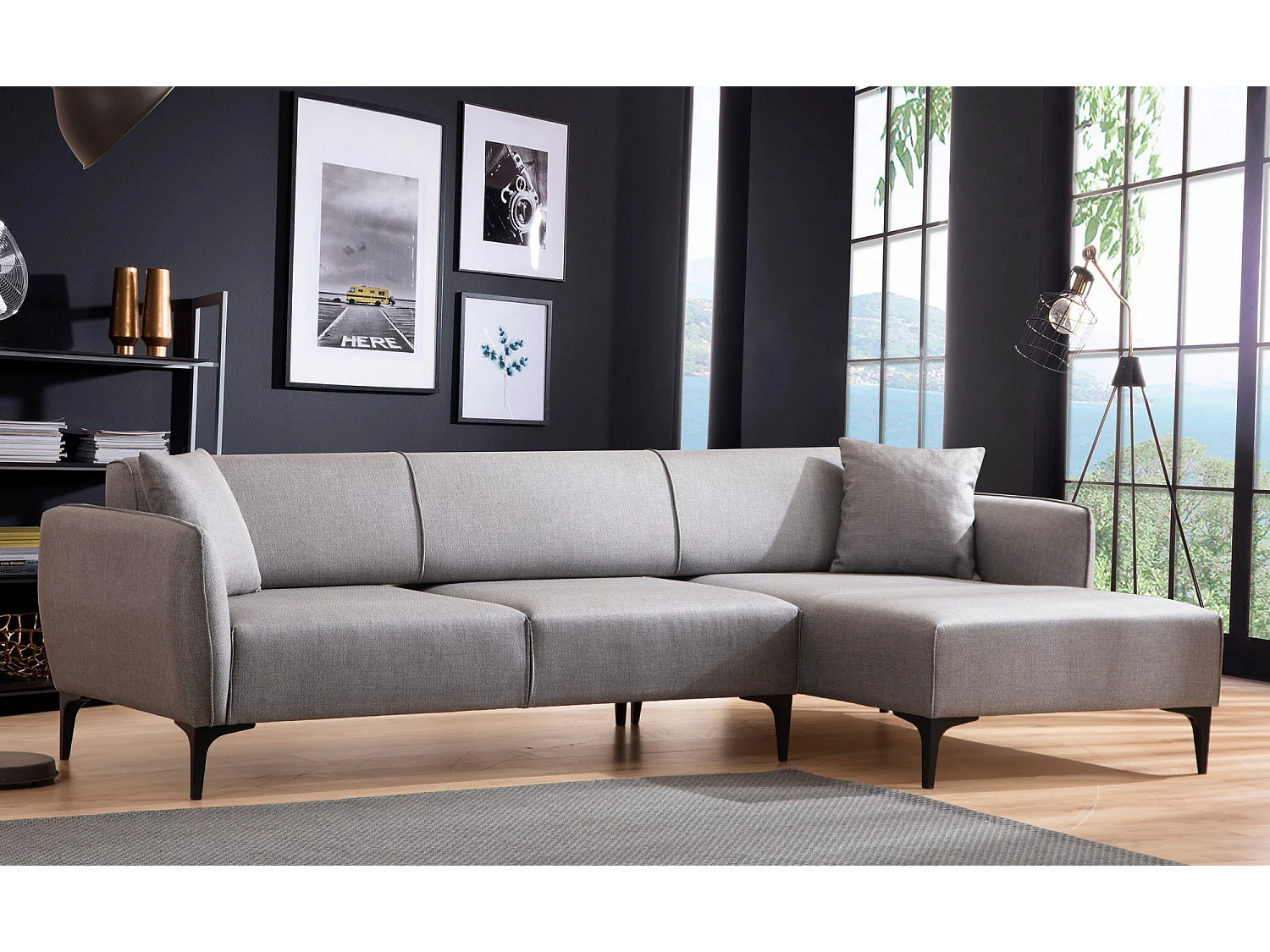 Canapé d'angle droit tissu gris clair Bellano 270cm