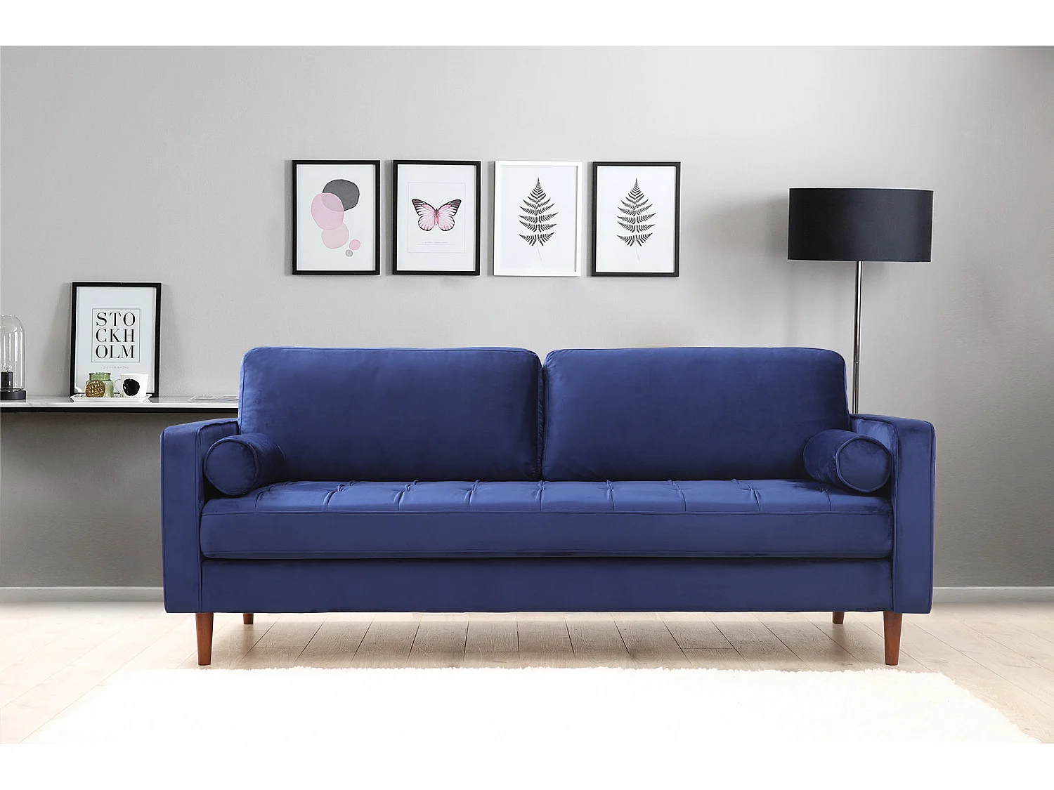 Canapé 3 places velours bleu Romuza 215cm