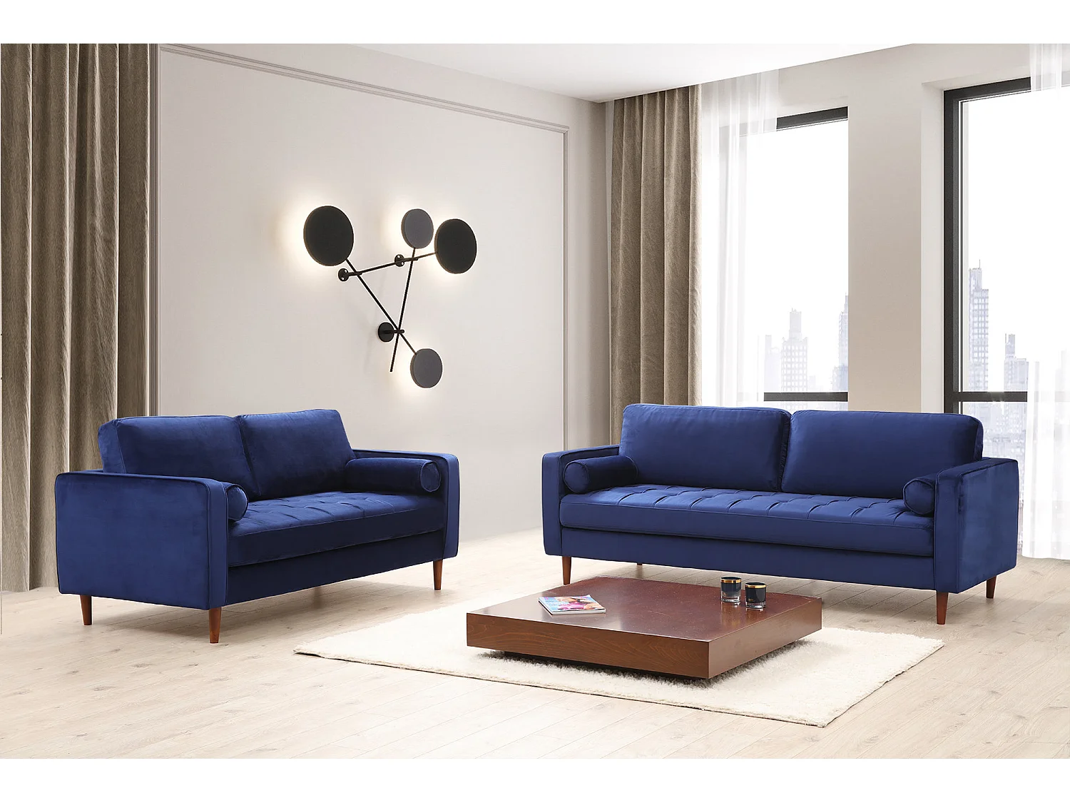 Canapé 3 places velours bleu Romuza 215cm