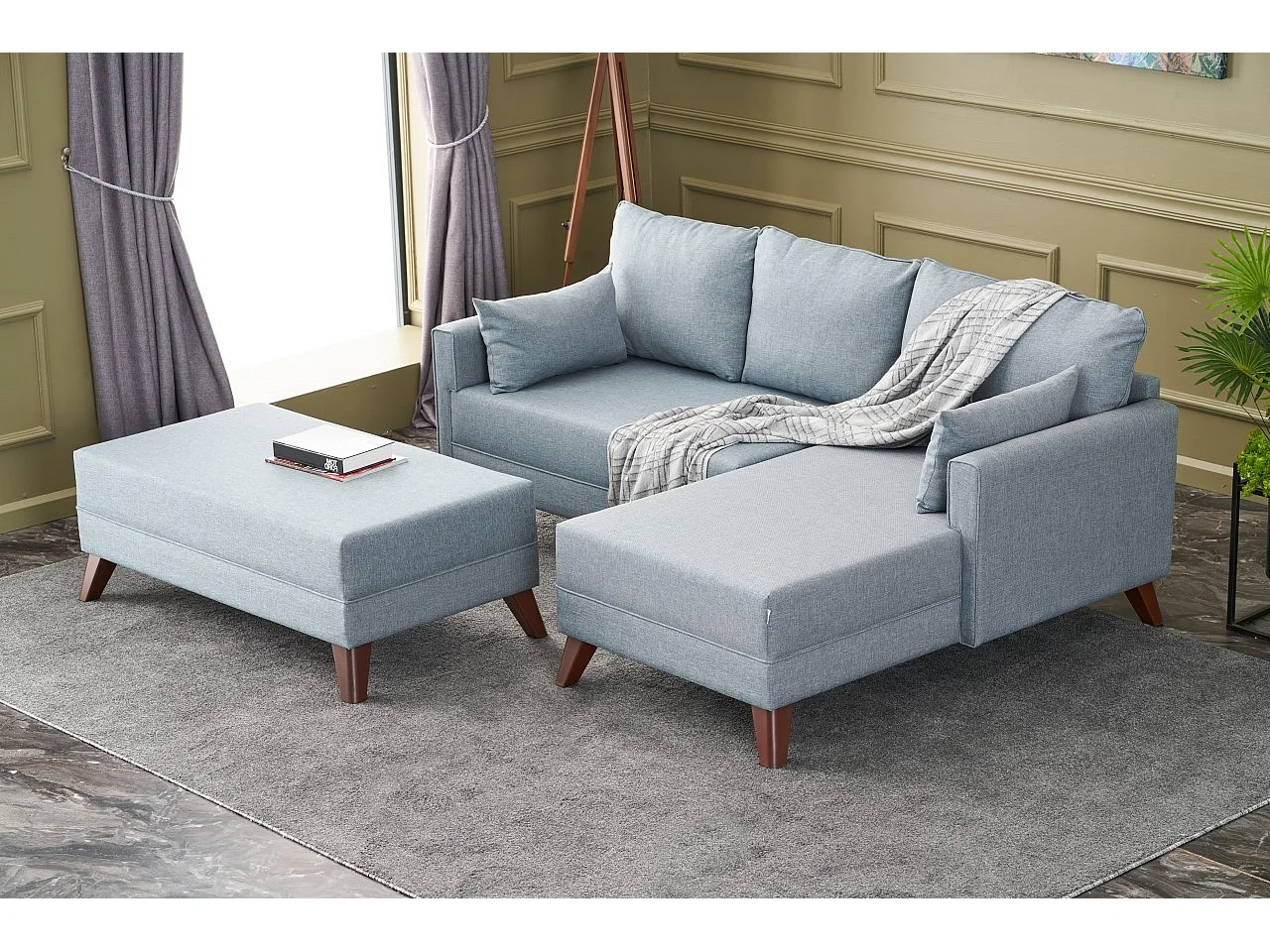 Kleine hoekbank rechts met poef in Kandy blauwe stof 205 cm