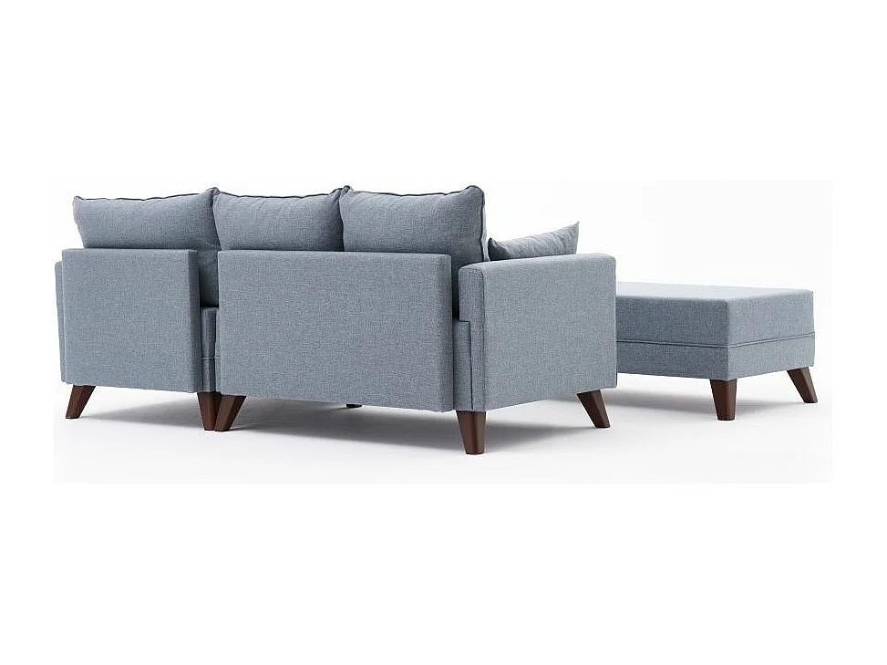 Kleine hoekbank rechts met poef in Kandy blauwe stof 205 cm