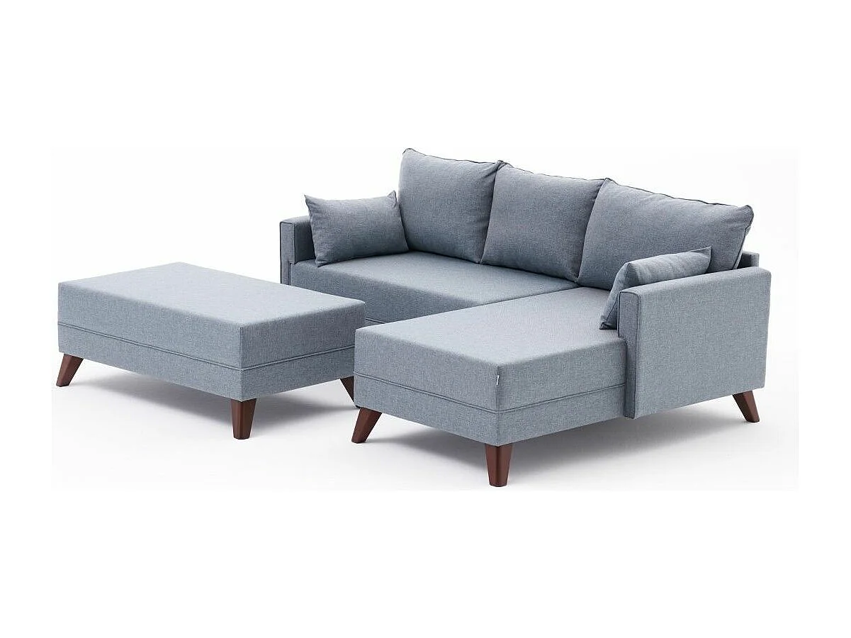 Kleine hoekbank rechts met poef in Kandy blauwe stof 205 cm