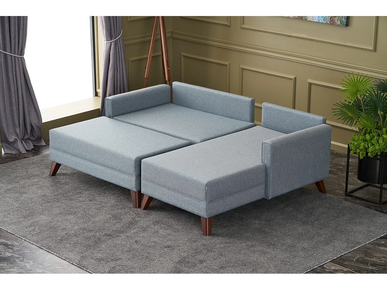 Kleine hoekbank rechts met poef in Kandy blauwe stof 205 cm