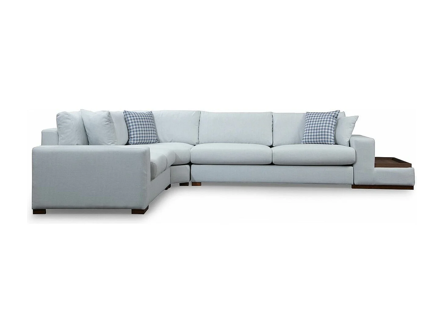 Hoekbank in beige stof met houten plank rechts Kaloé 363 cm