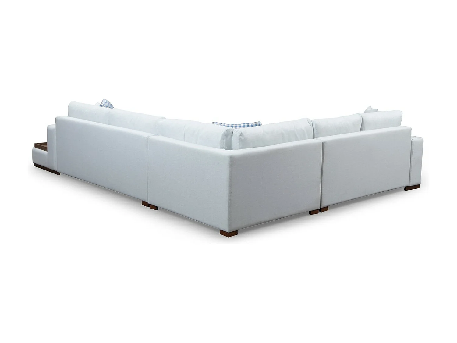 Hoekbank in beige stof met houten plank rechts Kaloé 363 cm