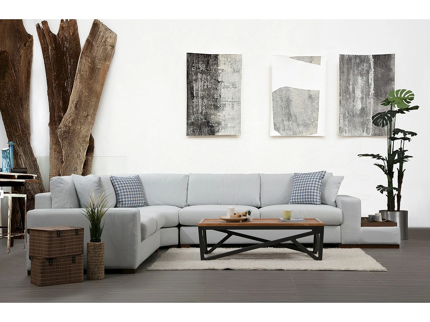 Hoekbank in beige stof met houten plank rechts Kaloé 363 cm