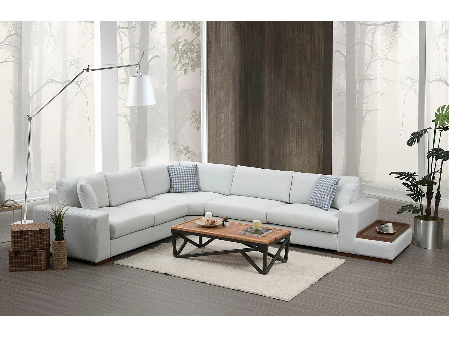 Hoekbank in beige stof met houten plank rechts Kaloé 363 cm