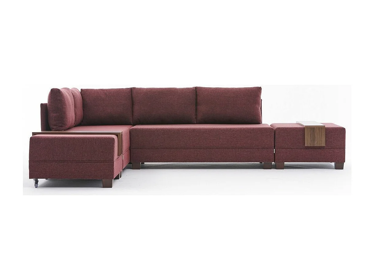 Canapé d'angle convertible et 2 poufs tissu Tikona 280cm-Rouge tomette-angle gauche