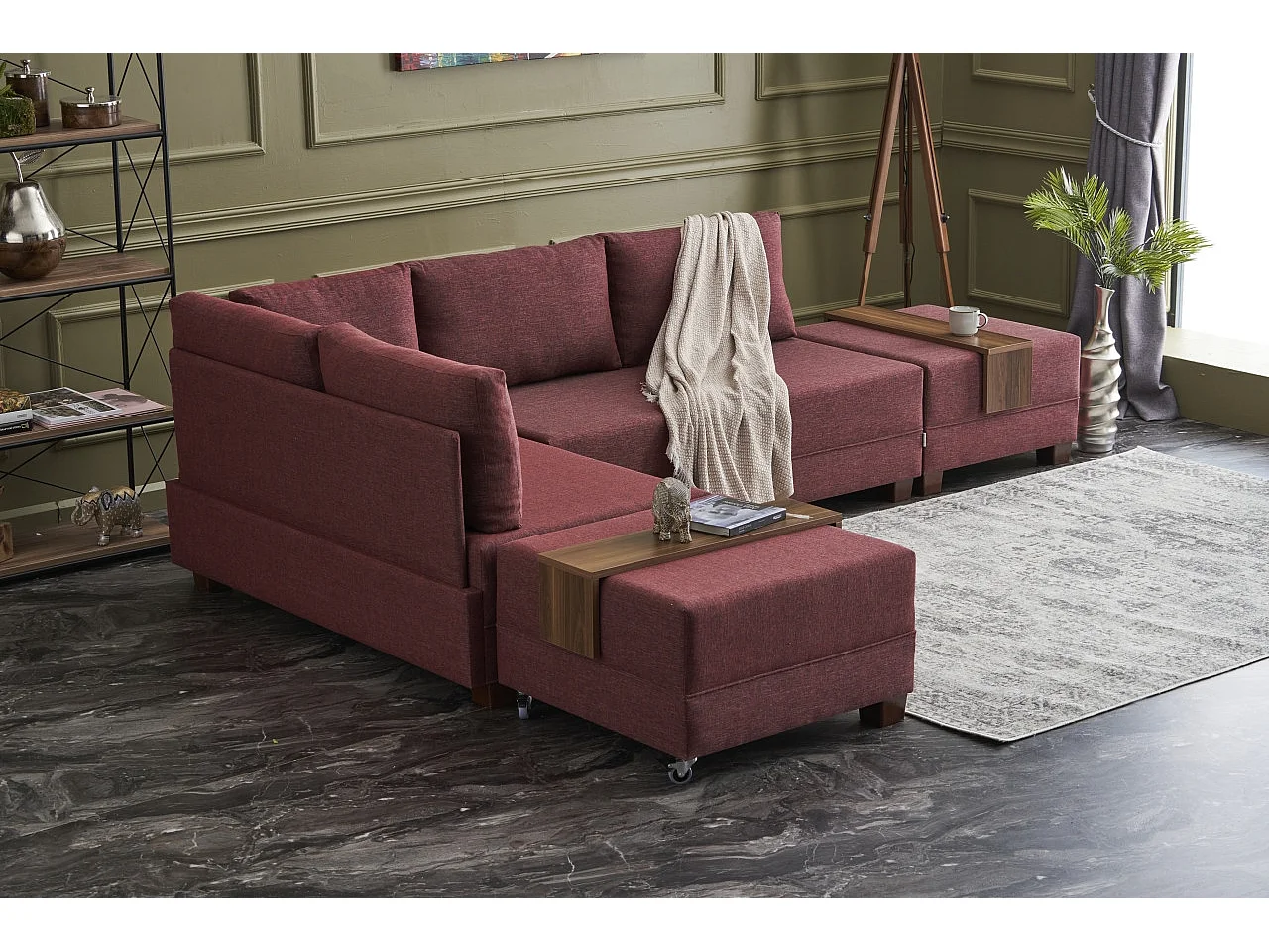 Canapé d'angle convertible et 2 poufs tissu Tikona 280cm-Rouge tomette-angle gauche