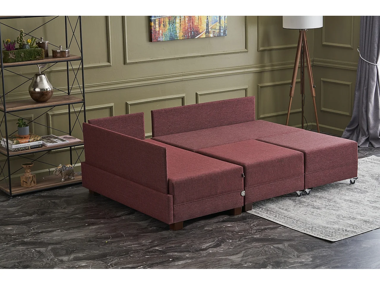 Canapé d'angle convertible et 2 poufs tissu Tikona 280cm-Rouge tomette-angle gauche