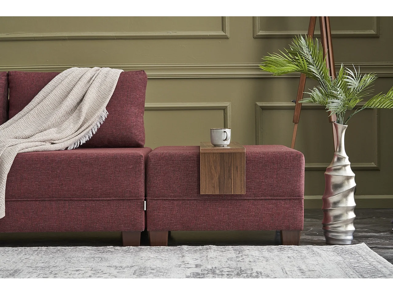 Canapé d'angle convertible et 2 poufs tissu Tikona 280cm-Rouge tomette-angle gauche