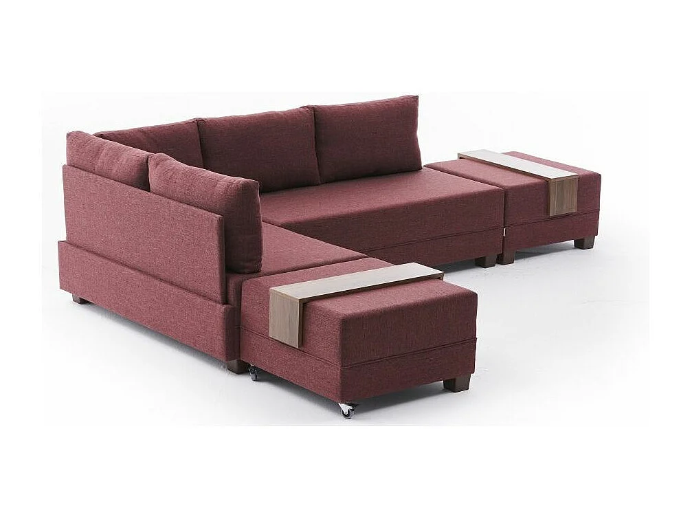 Canapé d'angle convertible et 2 poufs tissu Tikona 280cm-Rouge tomette-angle gauche