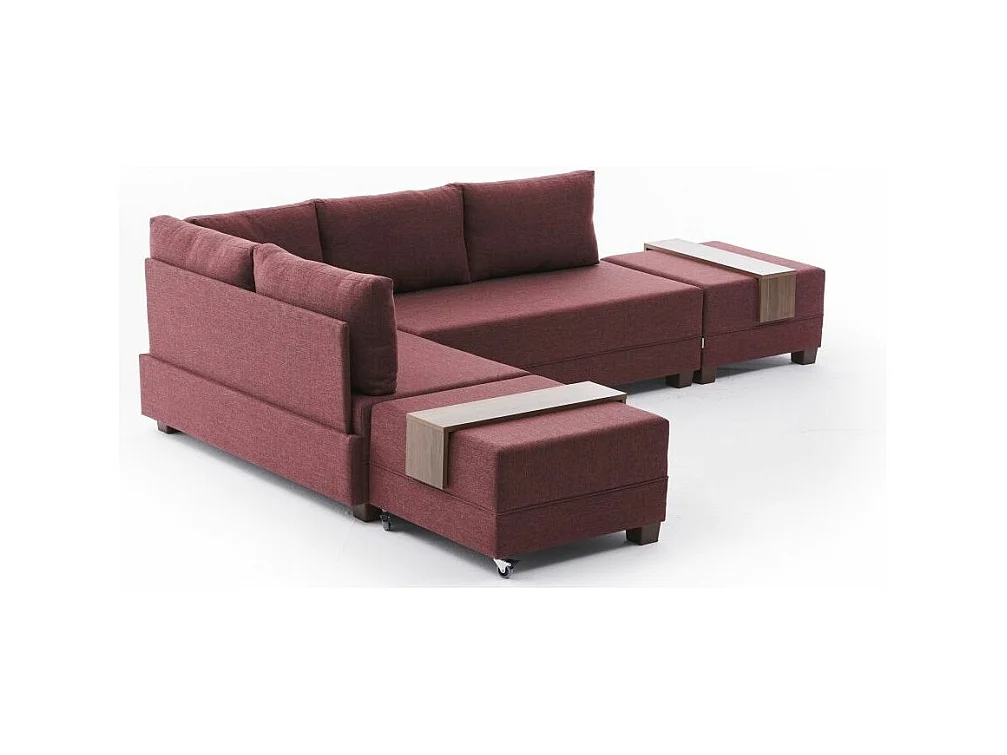 Canapé d'angle convertible et 2 poufs tissu Tikona 280cm-Rouge tomette-angle gauche