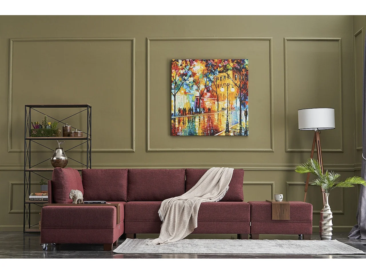 Canapé d'angle convertible et 2 poufs tissu Tikona 280cm-Rouge tomette-angle gauche