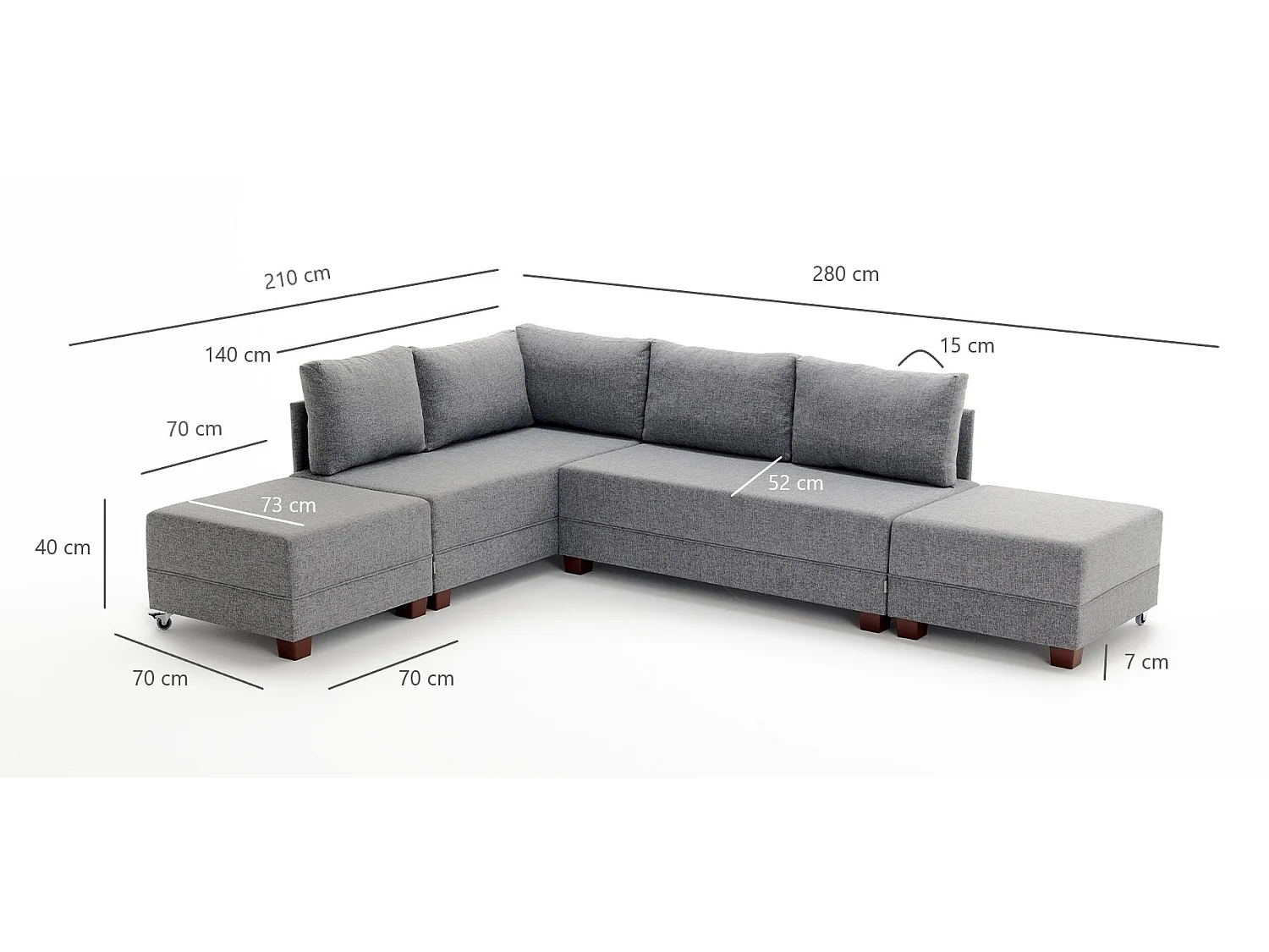 Canapé d'angle convertible et 2 poufs tissu Tikona 280cm-Rouge tomette-angle gauche