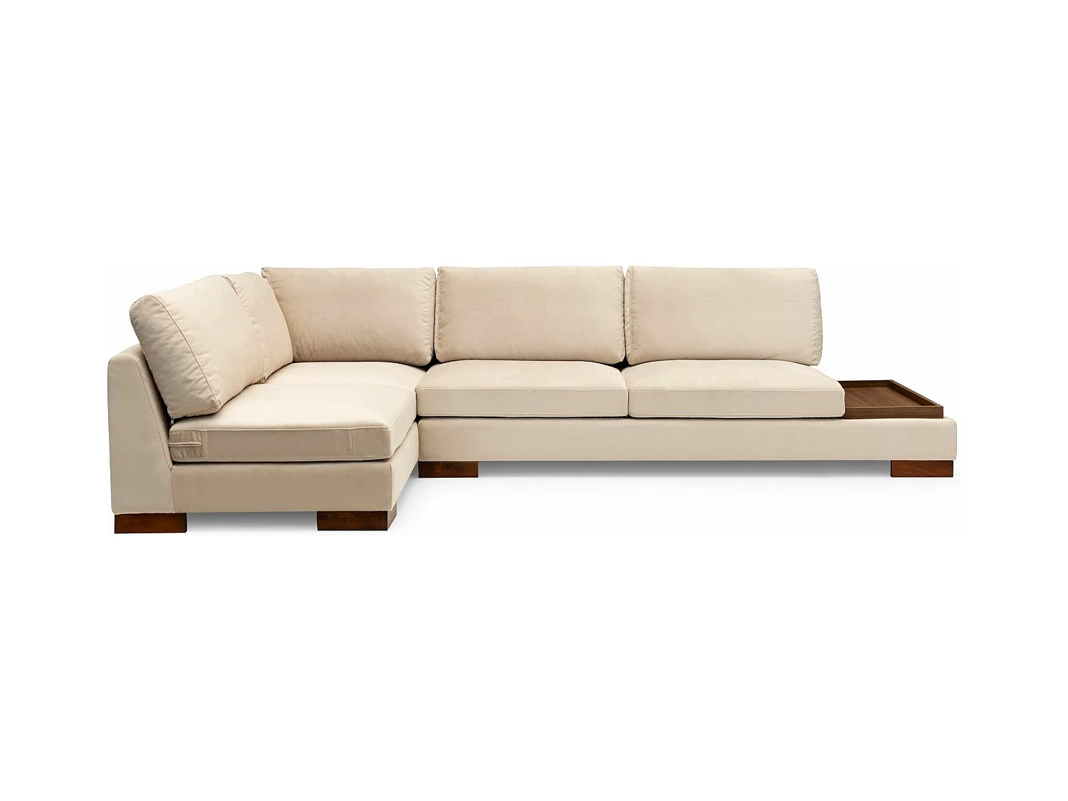 Canapé d'angle velours avec plateau en bois noyer Bakiza 313cm-Beige clair-angle gauche-avec pouf