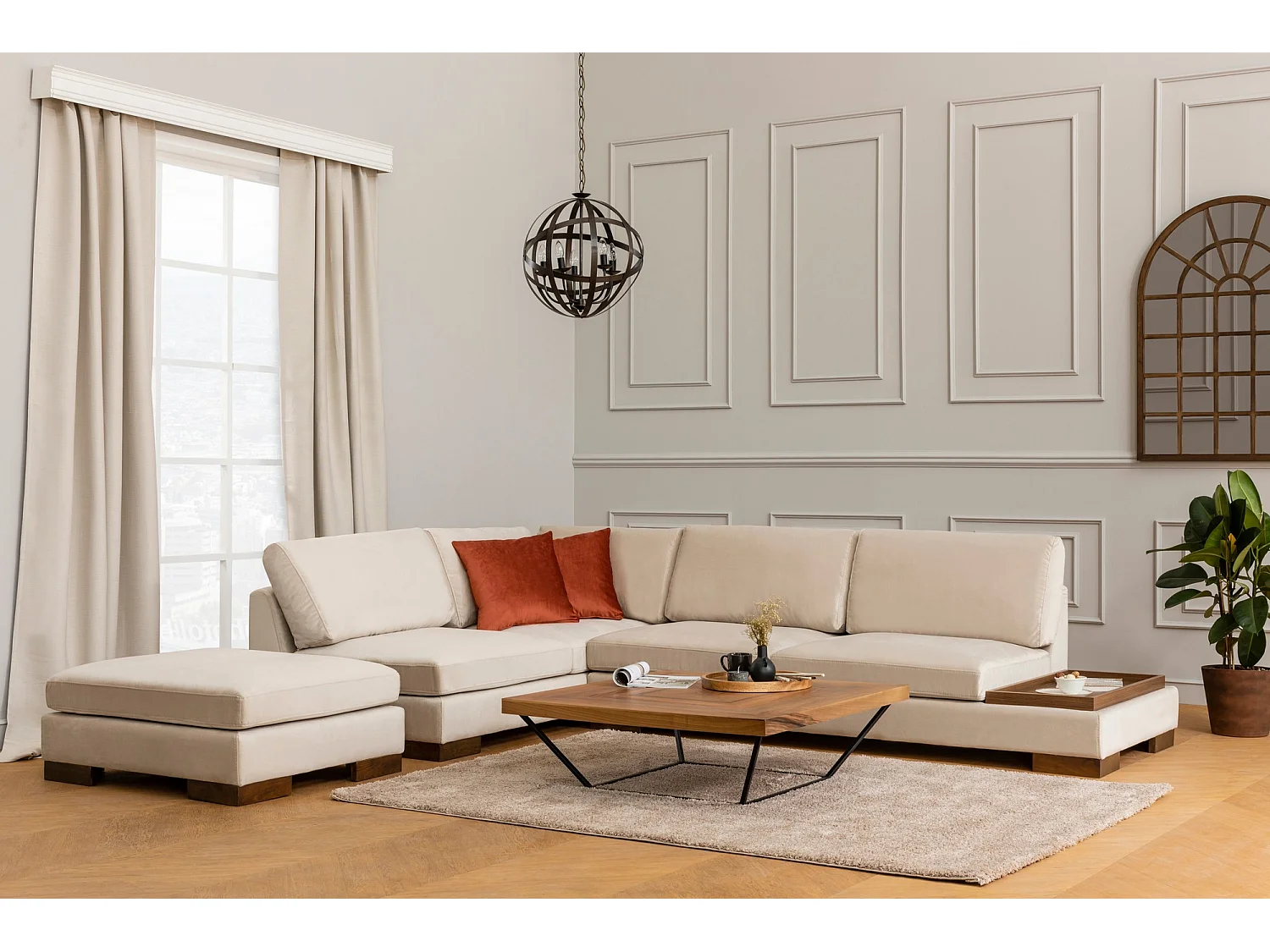 Canapé d'angle velours avec plateau en bois noyer Bakiza 313cm-Beige clair-angle gauche-avec pouf