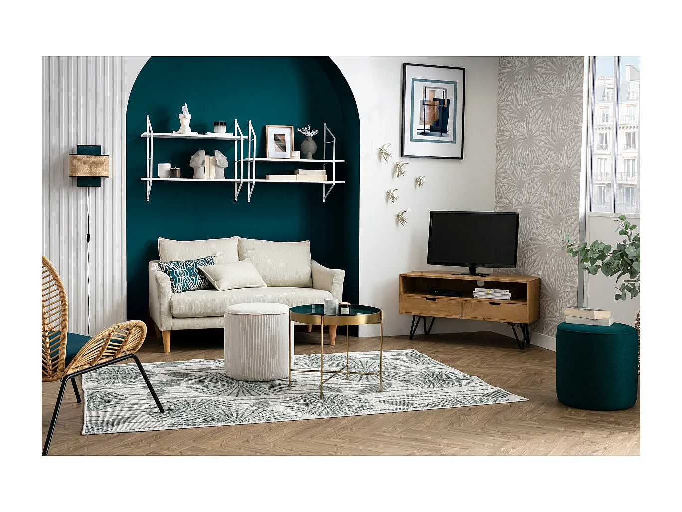 Canapé scandinave 2 places en tissu vert kaki et bois clair KATE