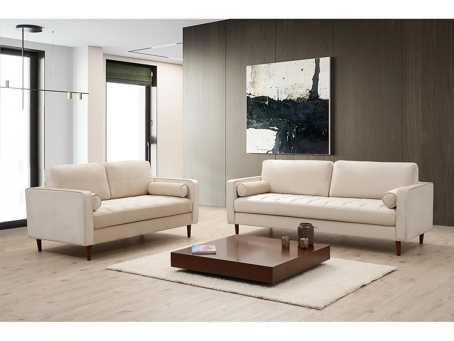 Canapé 3 places velours beige Romuza 215cm