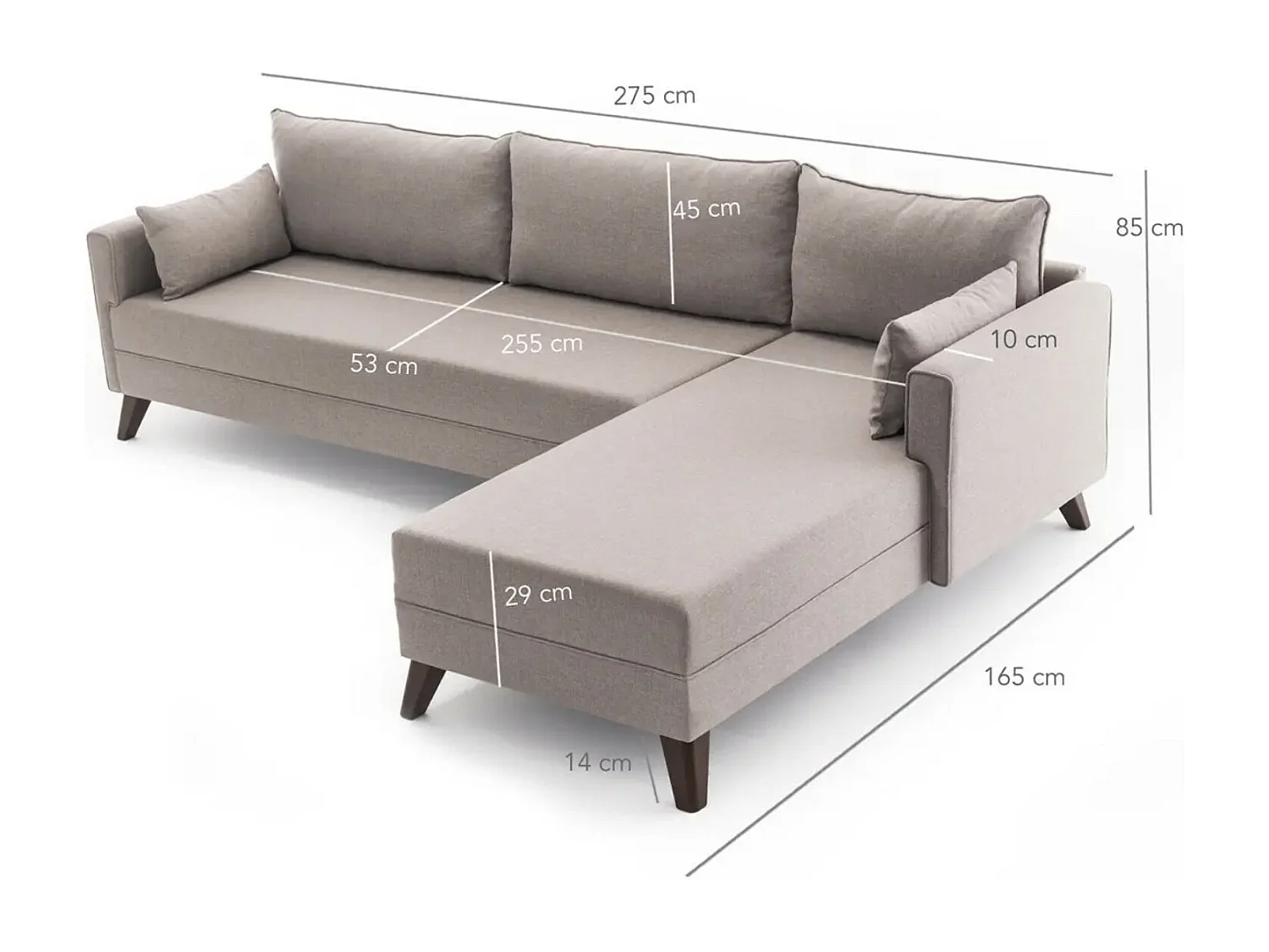 Canapé d'angle gauche 5 places tissu beige Kandy 275cm 2