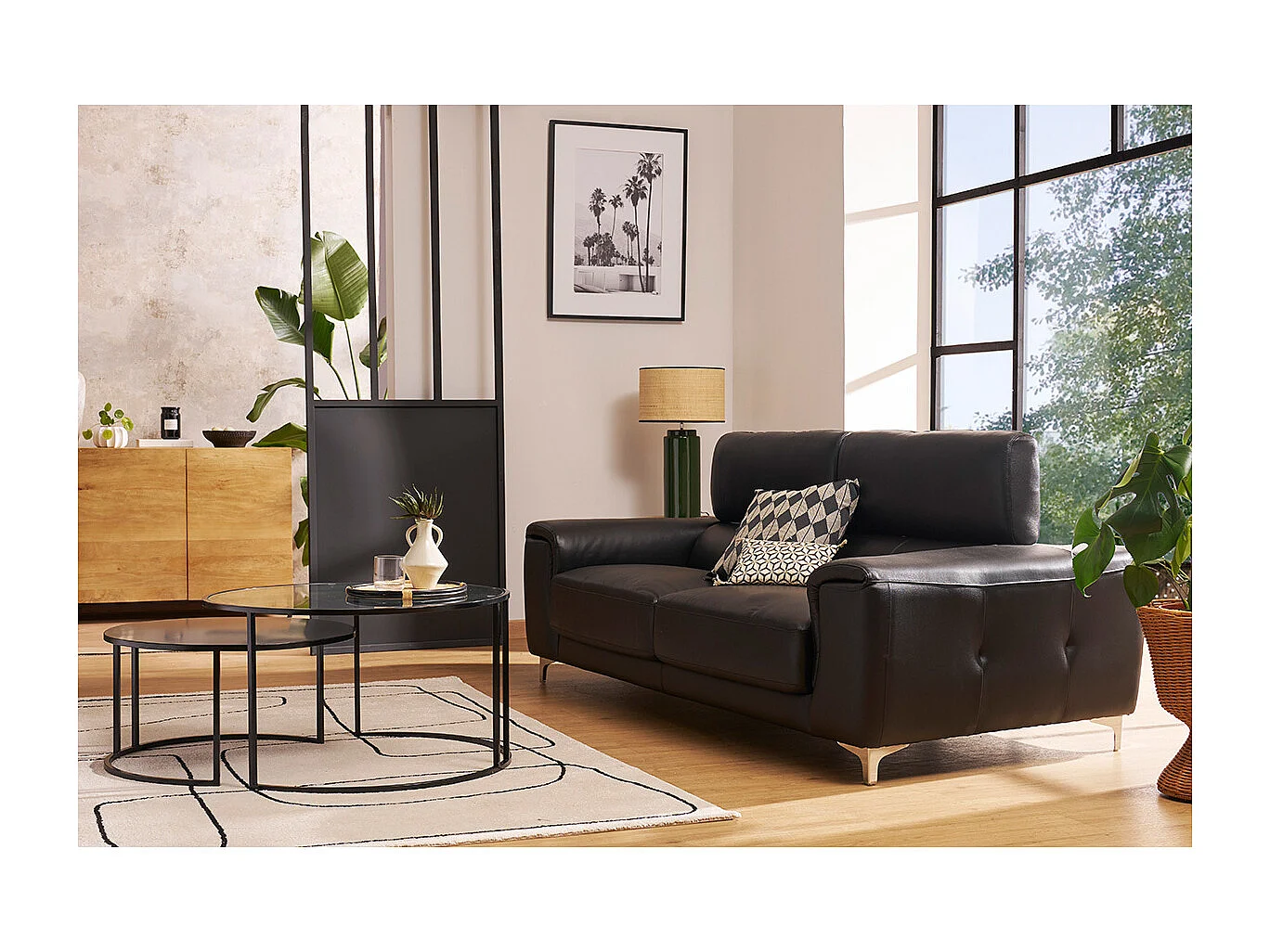 Sofá cuero de búfalo diseño tres plazas con cabeceros relax negro NEVADA