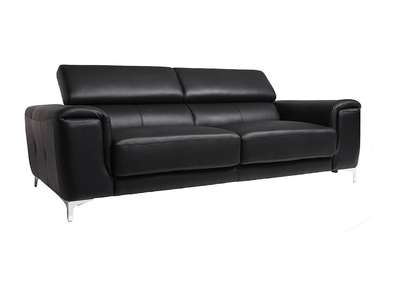 Canapé design avec têtières ajustables 3 places en cuir noir et acier chromé NEVADA